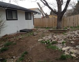 start of landscaping on yard behind white house with black trim and wood fence by McMahon Landscape